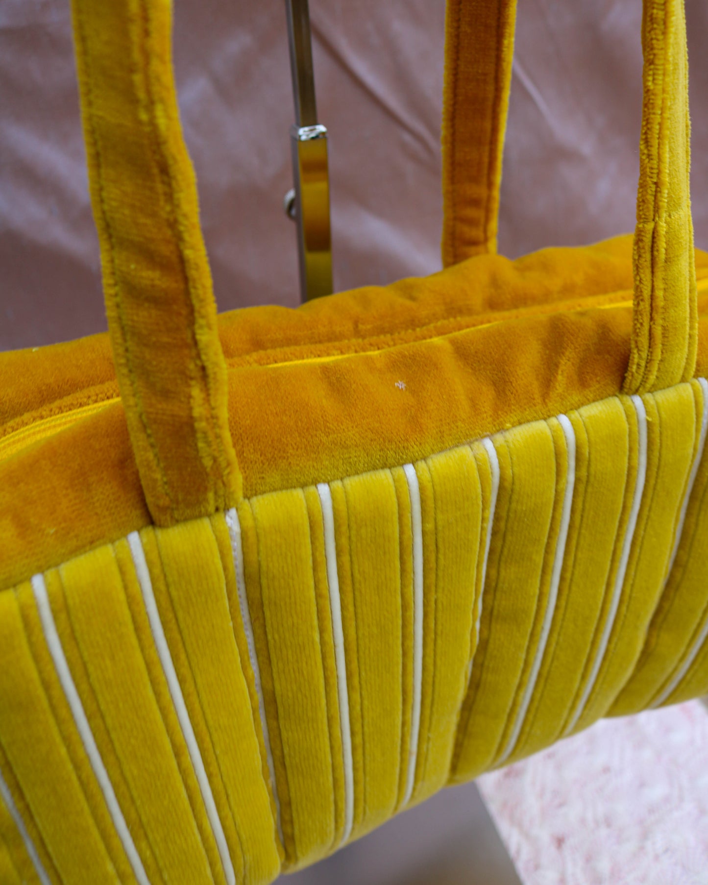 Yellow velvet quilted bowler bag