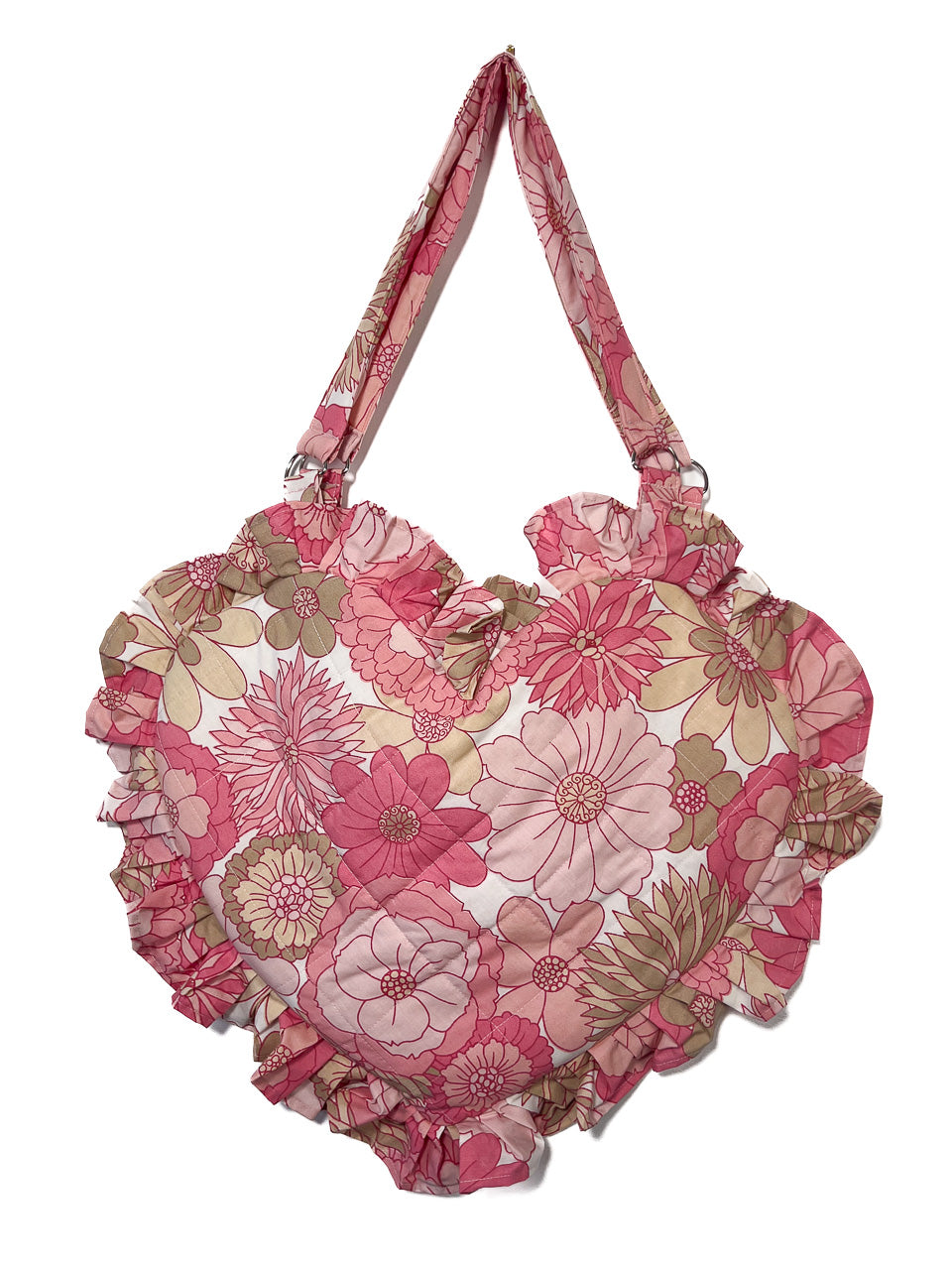 Pink Vintage Floral Ruffle Heart Tote Bag