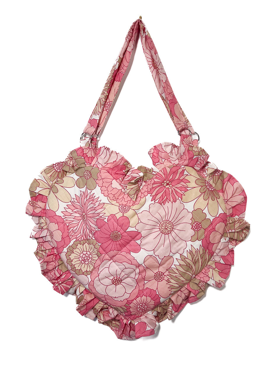 Pink Vintage Floral Ruffle Heart Tote Bag