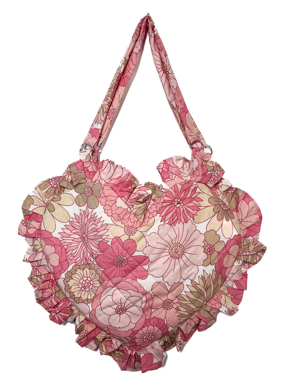 Pink Vintage Floral Ruffle Heart Tote Bag