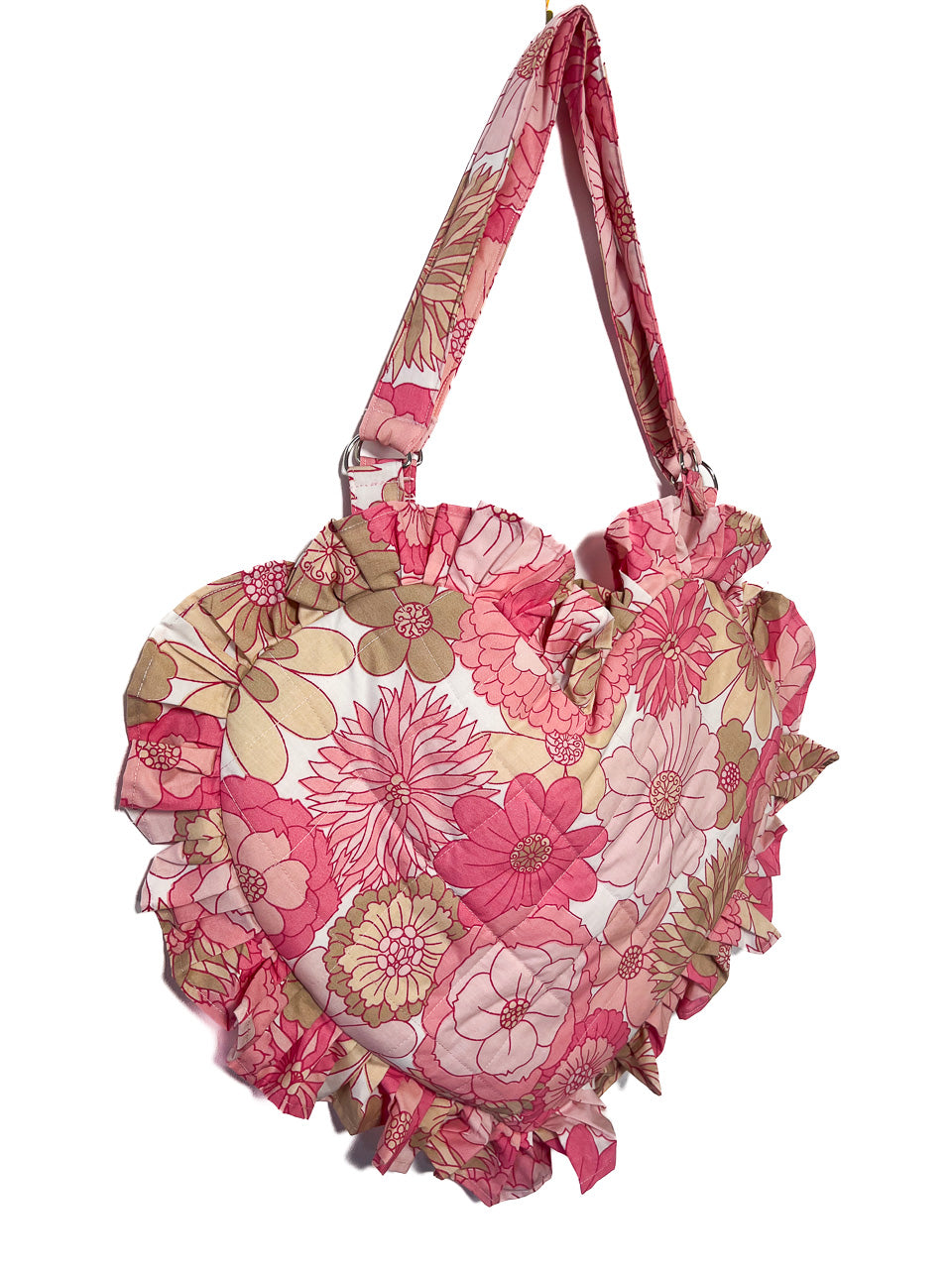 Pink Vintage Floral Ruffle Heart Tote Bag