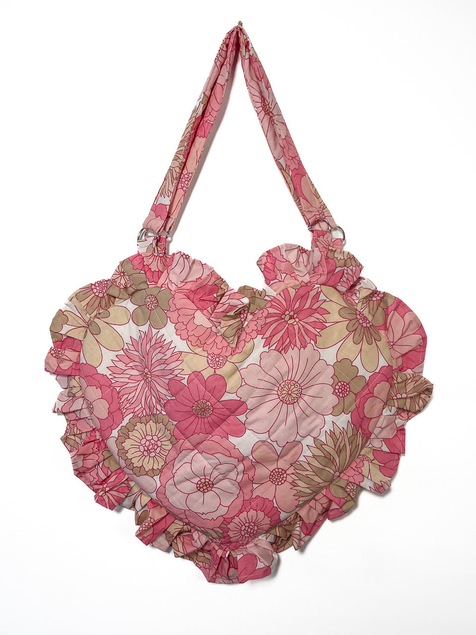 Pink Vintage Floral Ruffle Heart Tote Bag