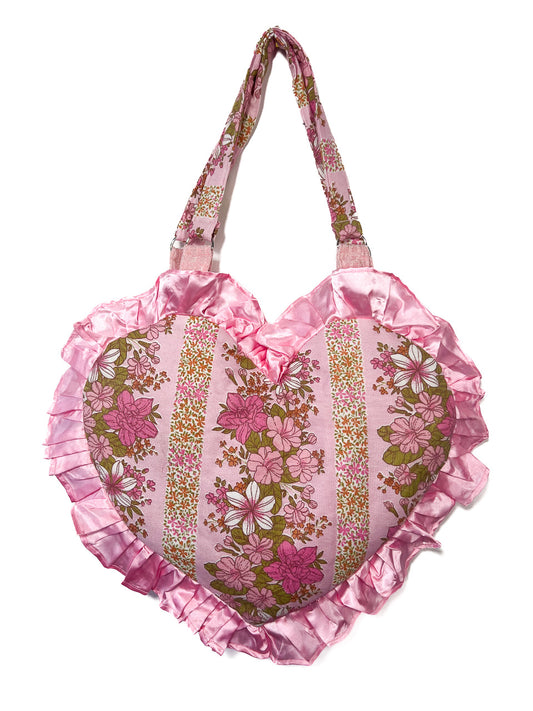 Pink Floral Ruffle Heart Tote Bag - Satin Trim