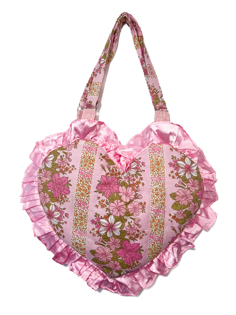 Pink Floral Ruffle Heart Tote Bag - Satin Trim