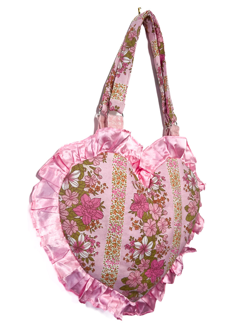 Pink Floral Ruffle Heart Tote Bag - Satin Trim