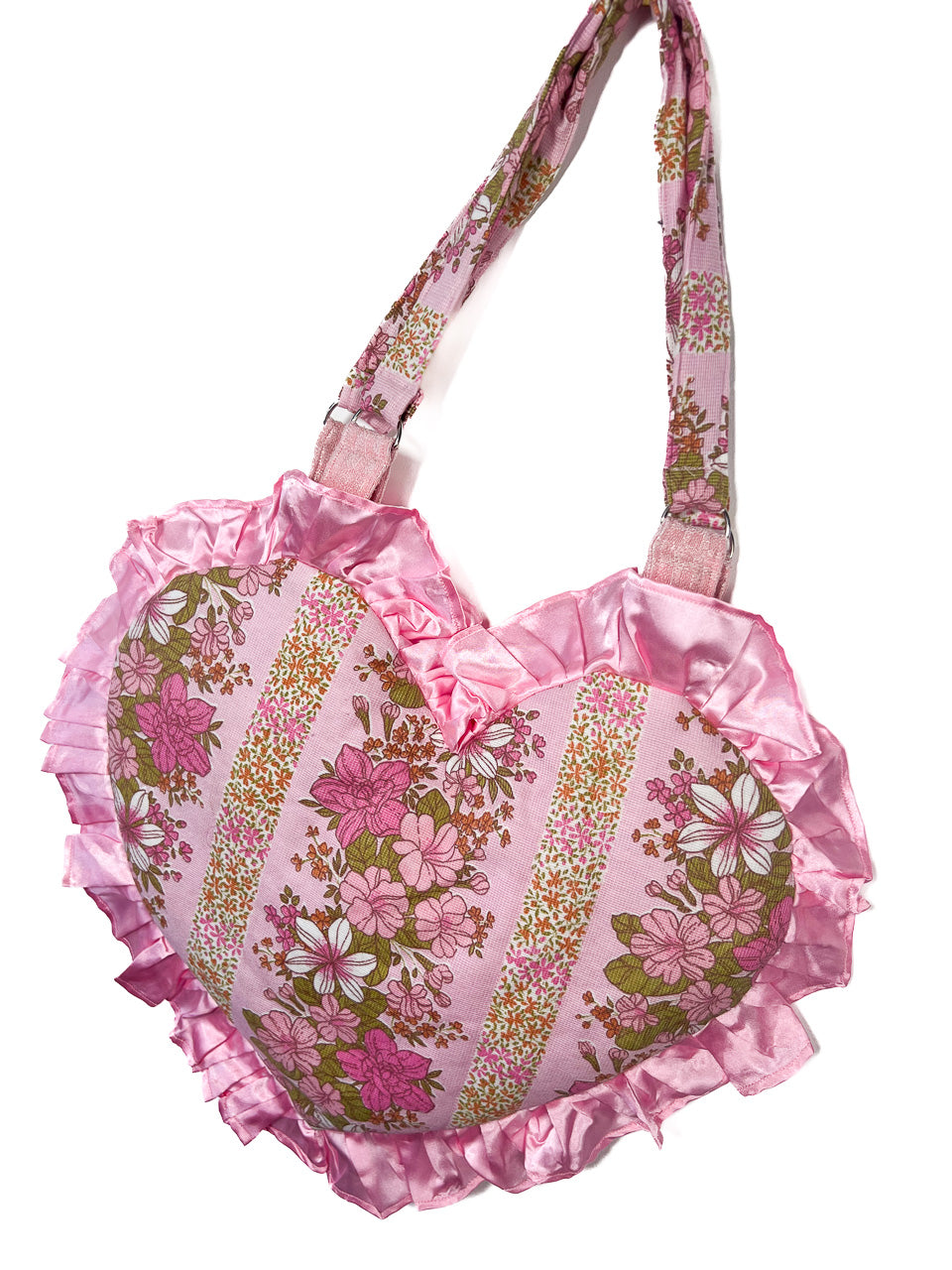 Pink Floral Ruffle Heart Tote Bag - Satin Trim