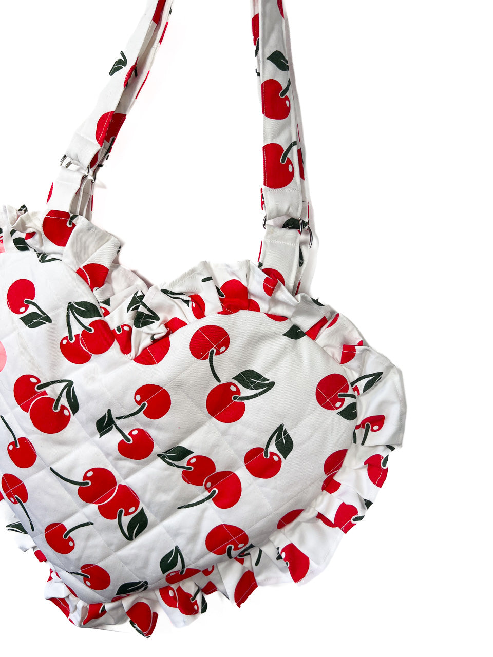 Cherry Print Ruffle Heart Tote Bag