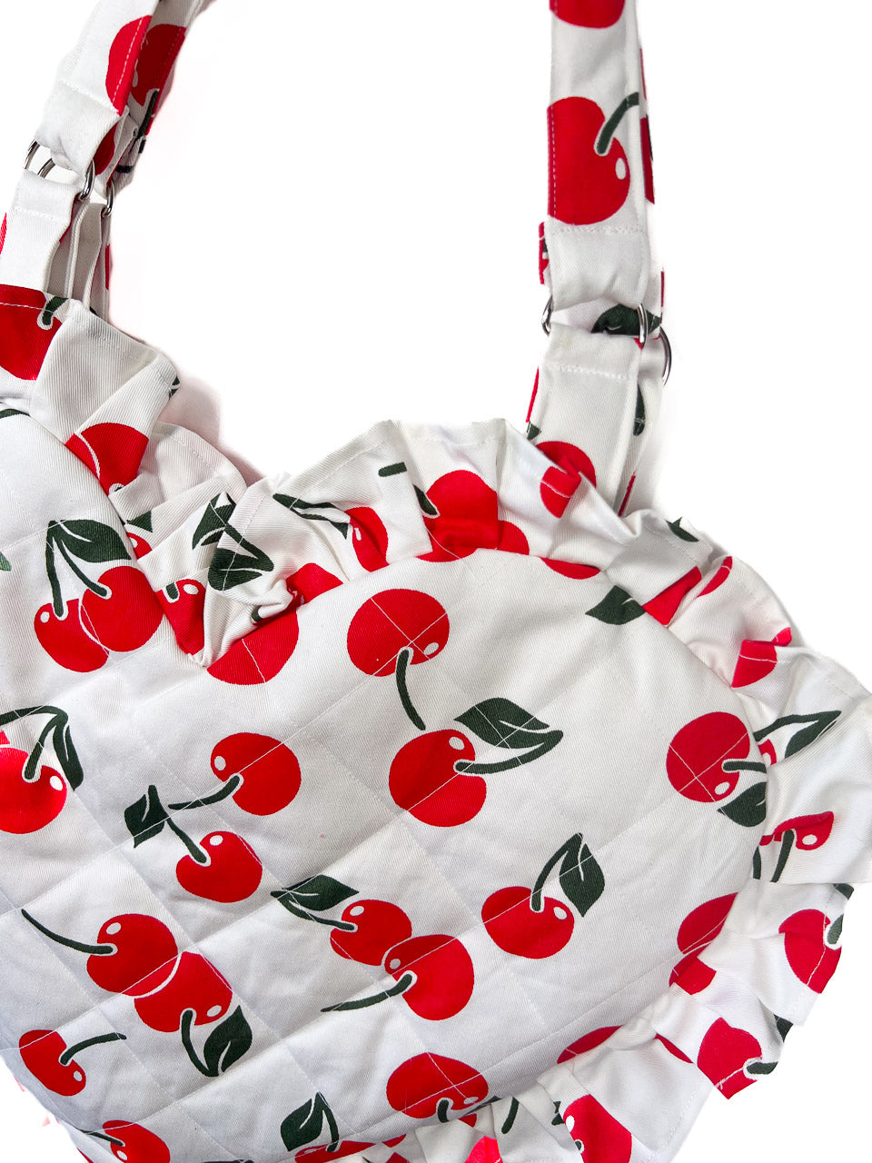 Cherry Print Ruffle Heart Tote Bag