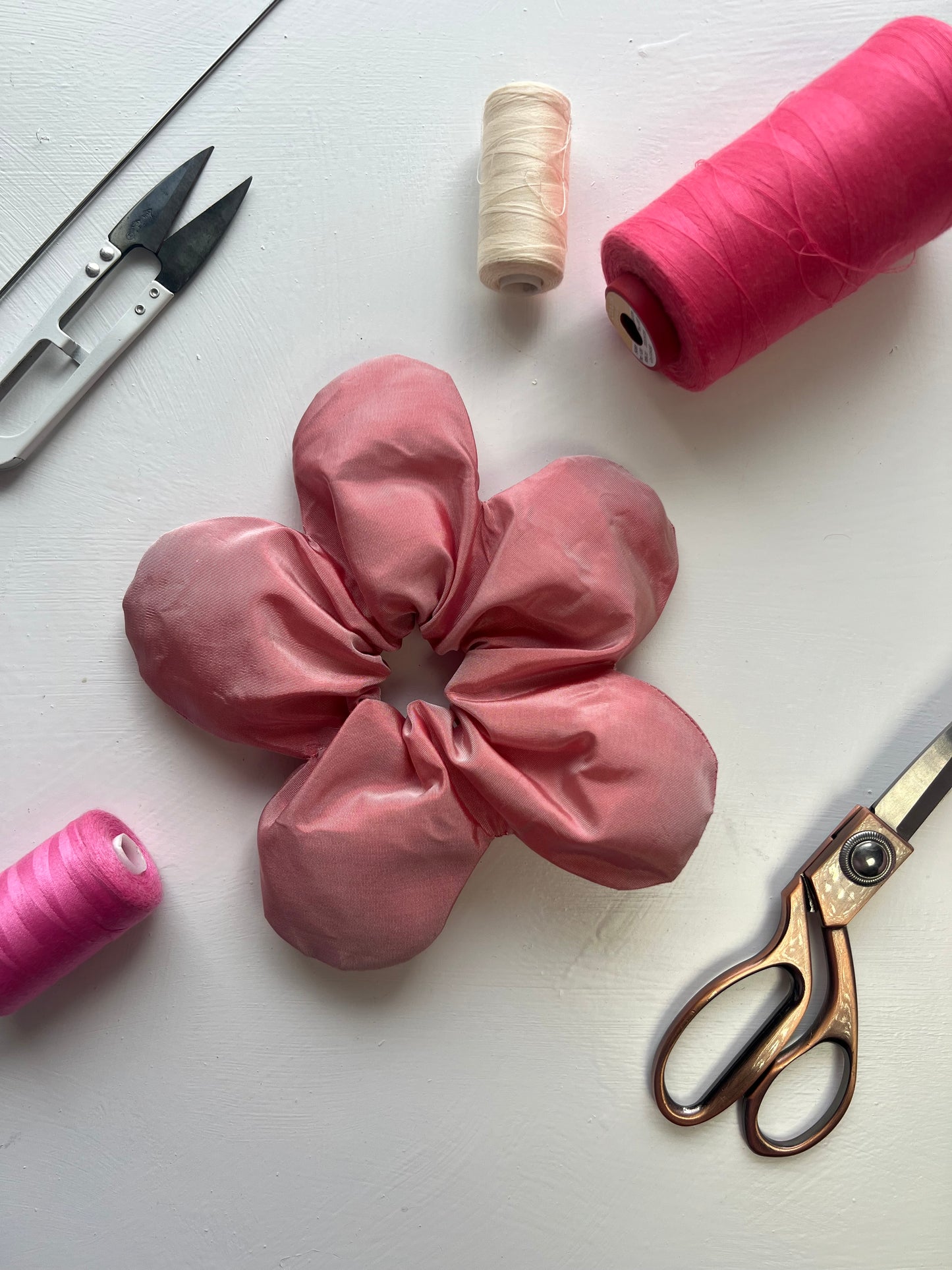 Pink Taffeta Flower Scrunchie