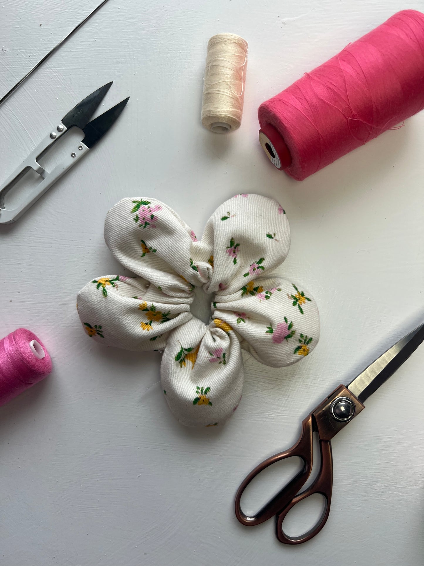 White Denim Floral Scrunchie