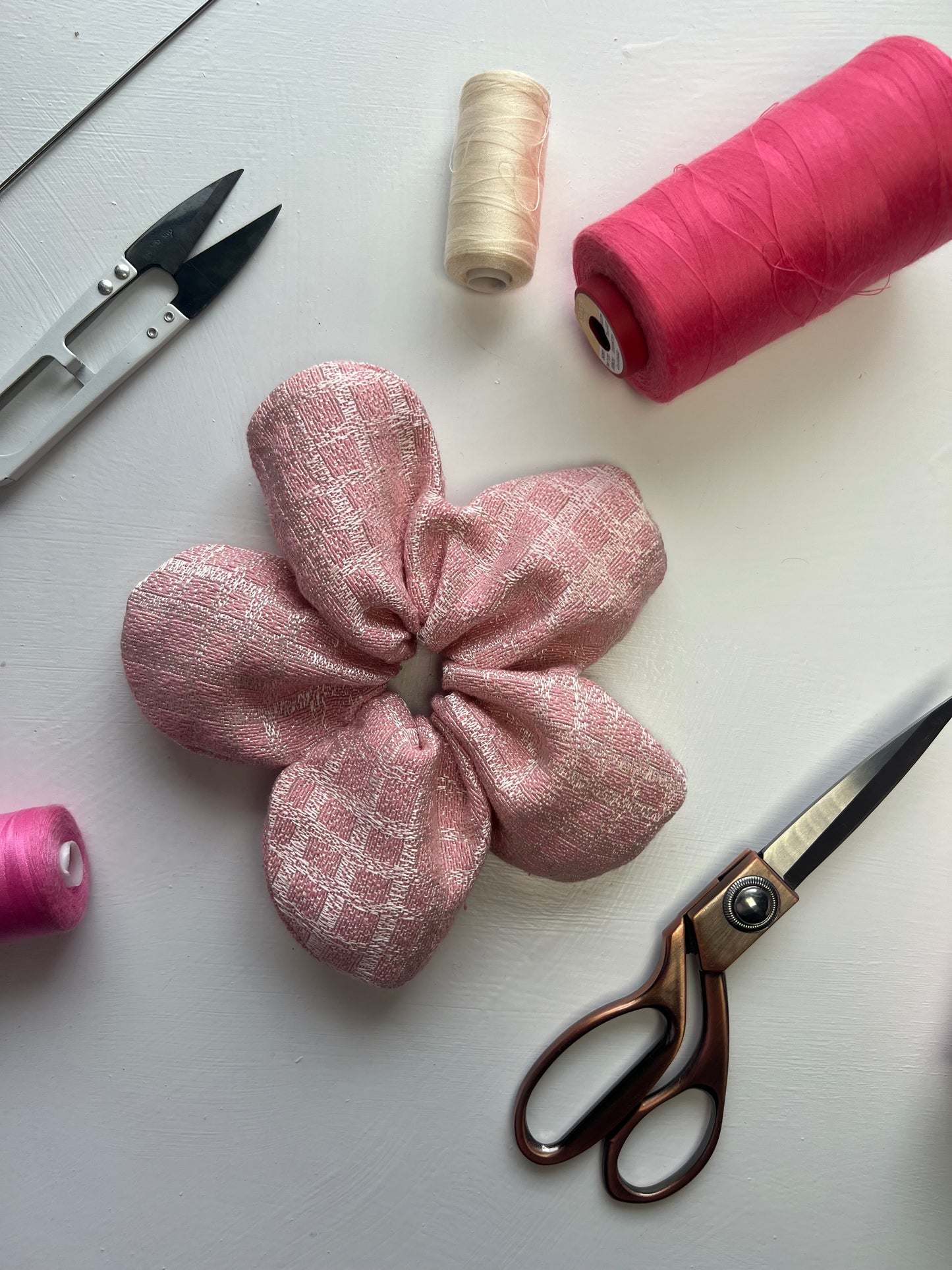 Pink Tweed Flower Scrunchie