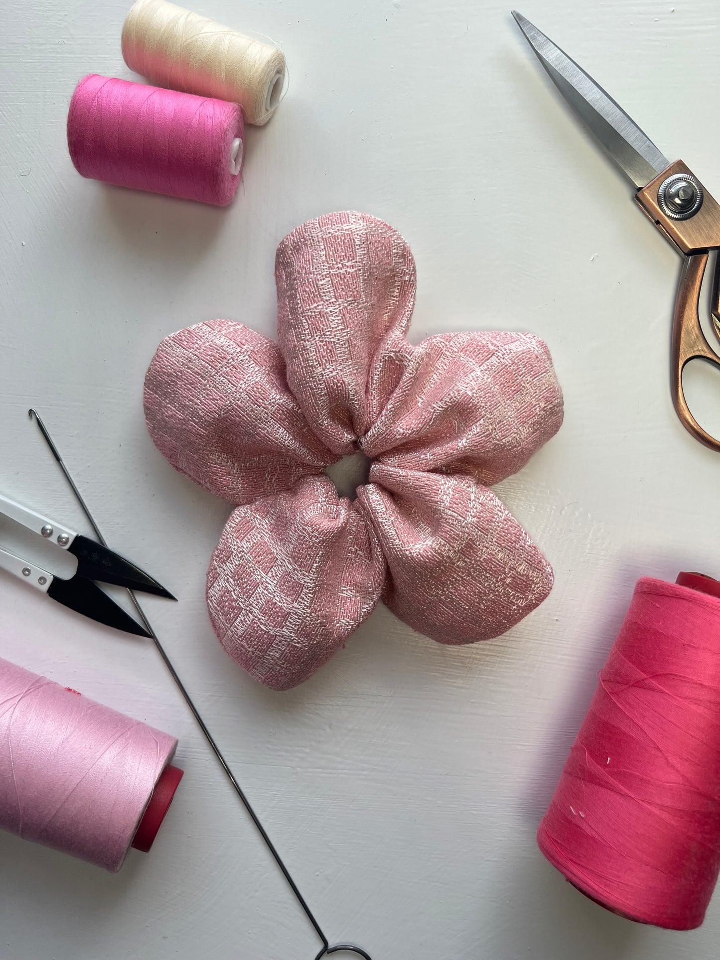 Pink Tweed Flower Scrunchie