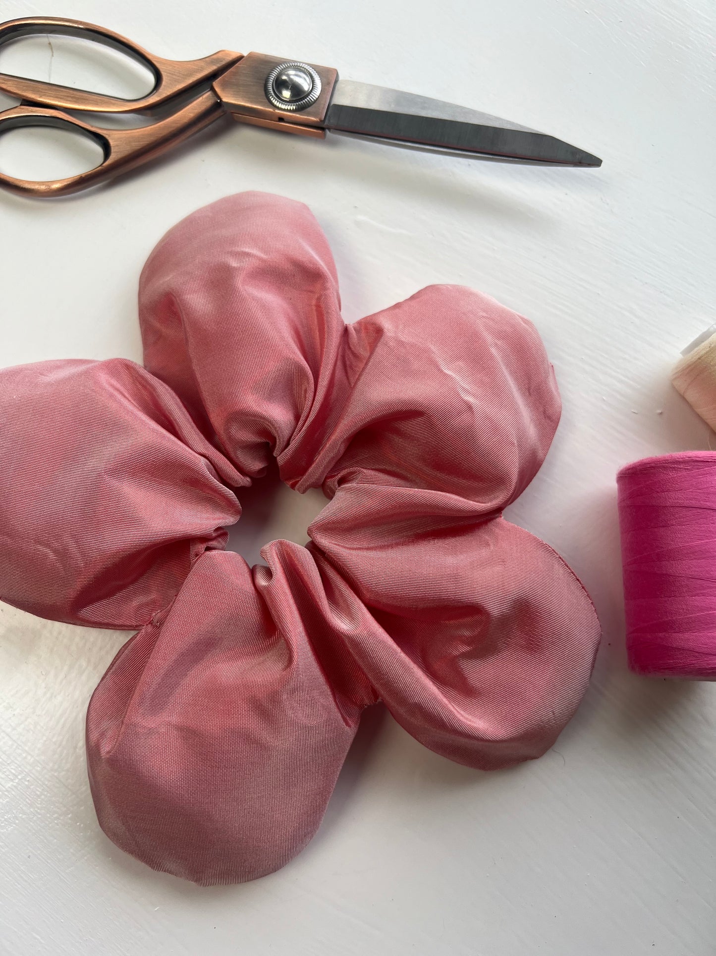 Pink Taffeta Flower Scrunchie