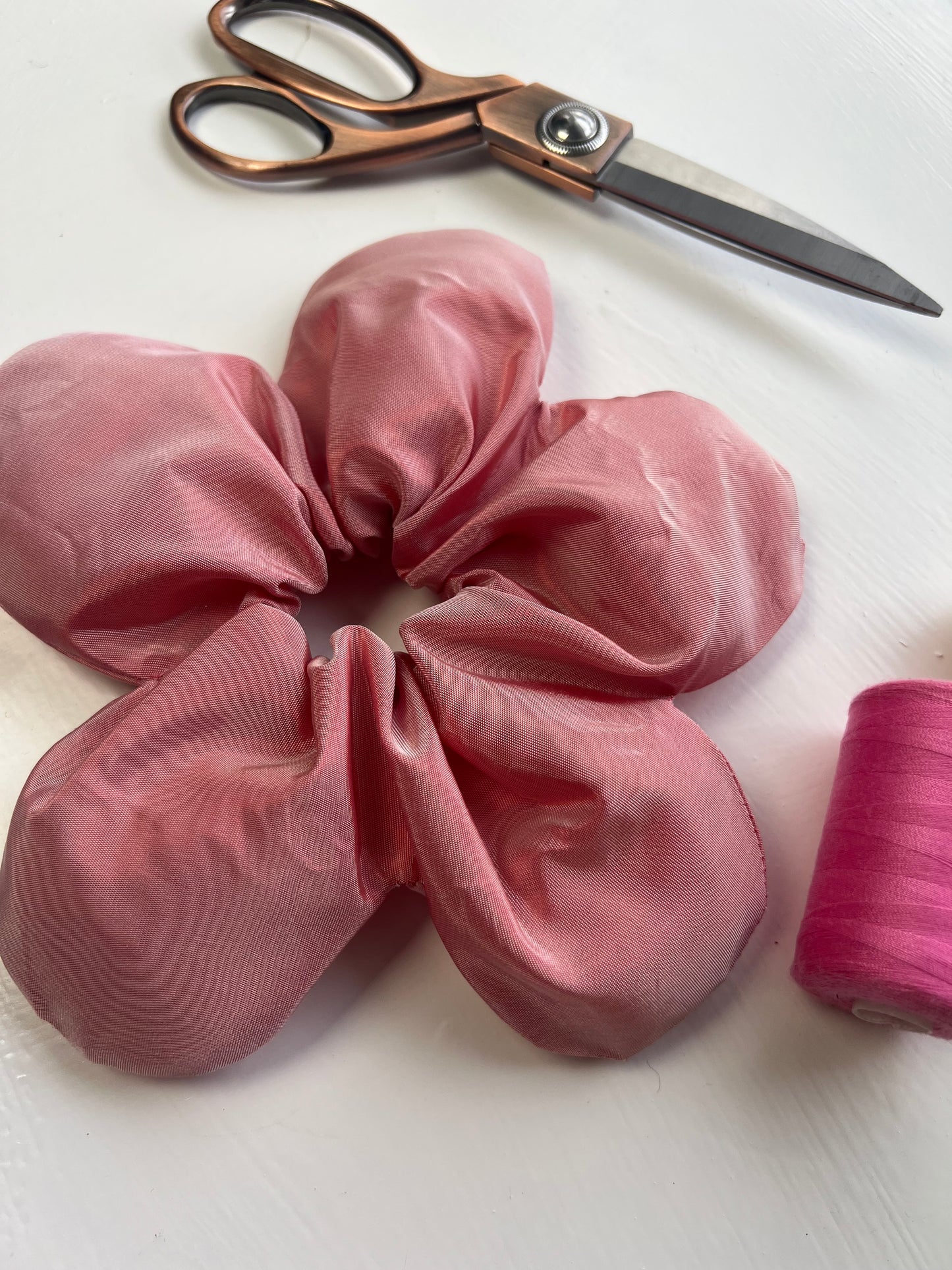 Pink Taffeta Flower Scrunchie