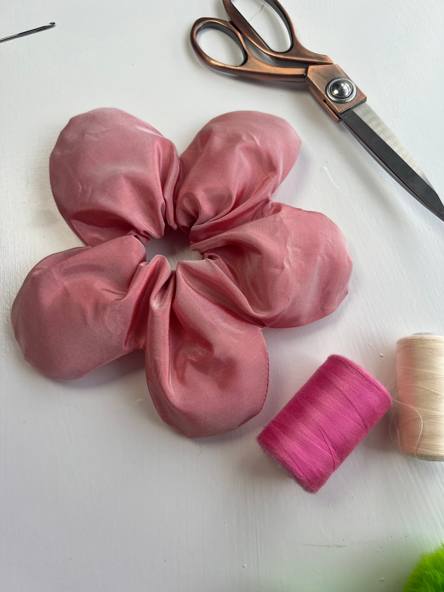 Pink Taffeta Flower Scrunchie