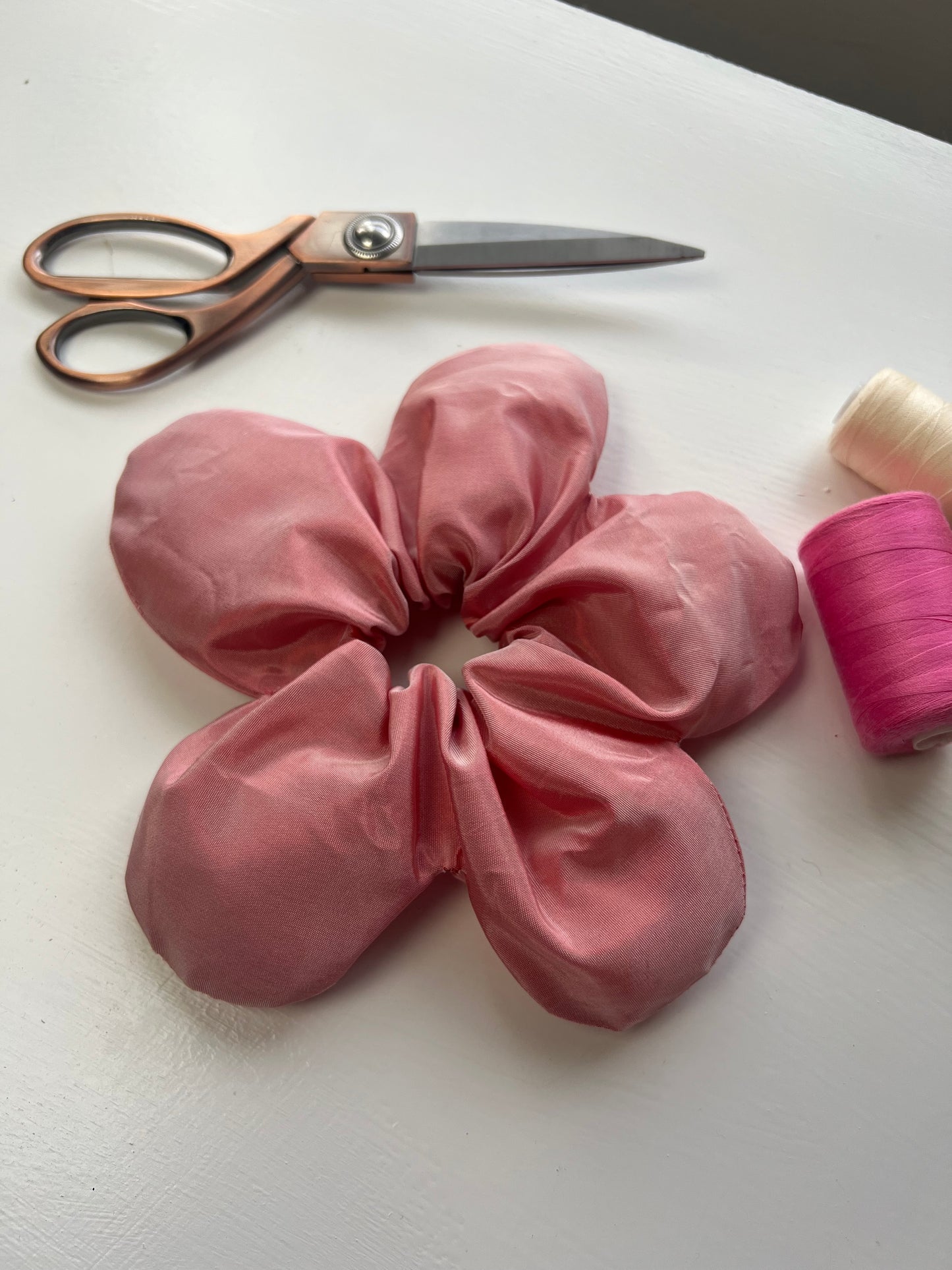 Pink Taffeta Flower Scrunchie