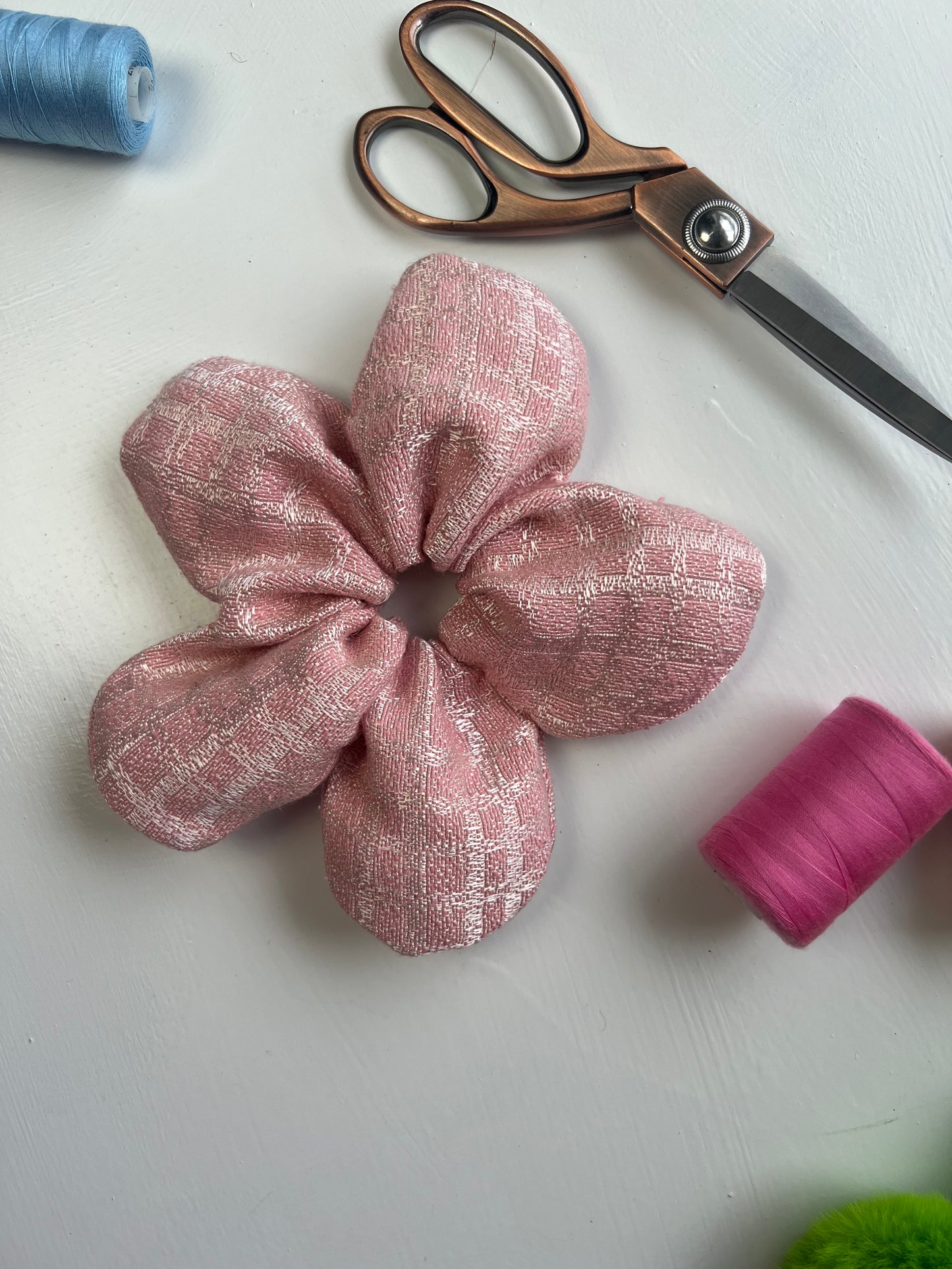 Pink Tweed Flower Scrunchie