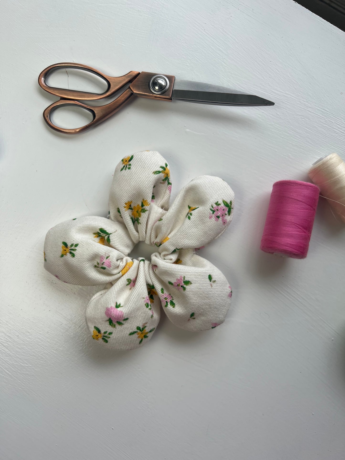 White Denim Floral Scrunchie