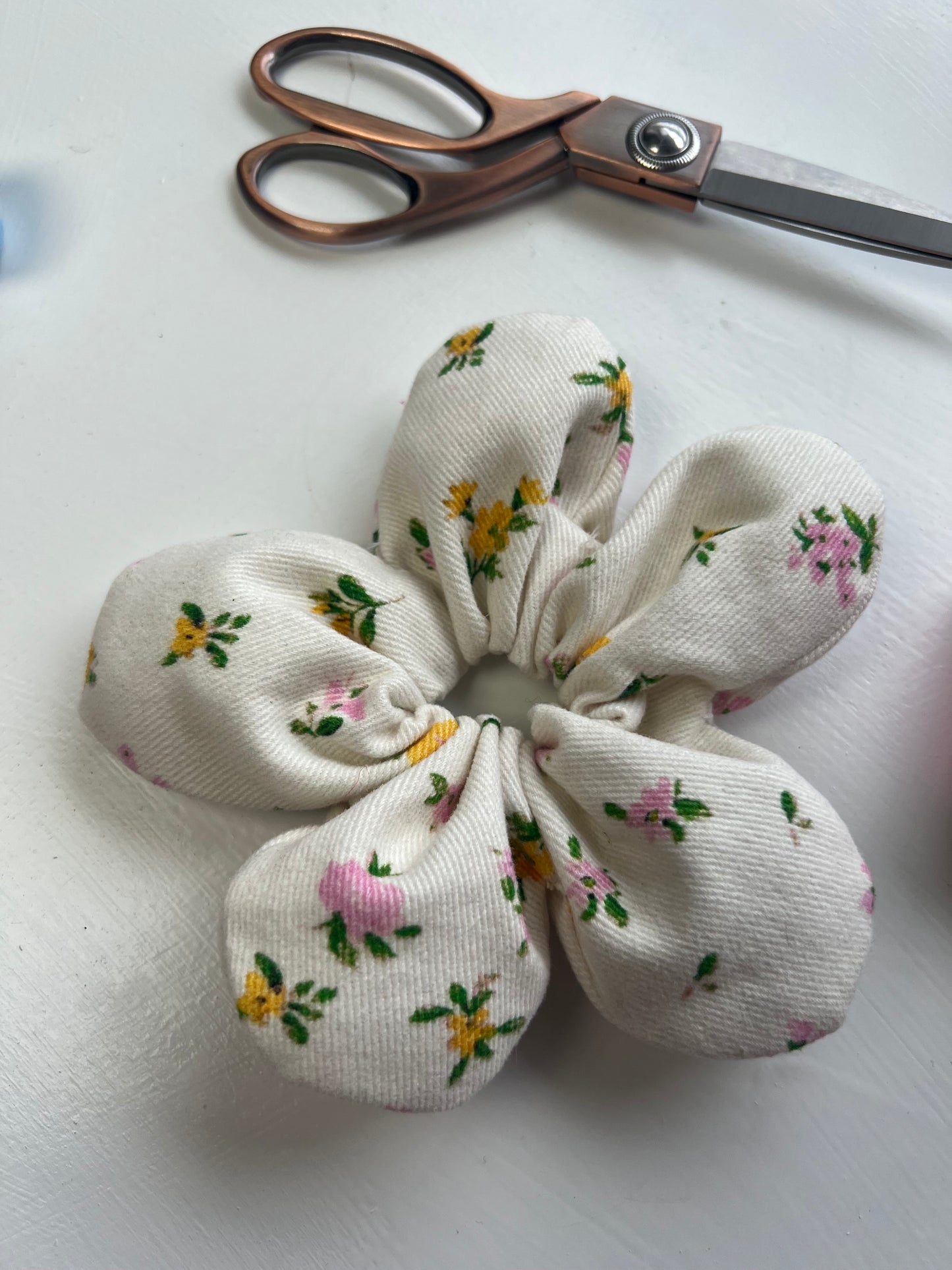 White Denim Floral Scrunchie