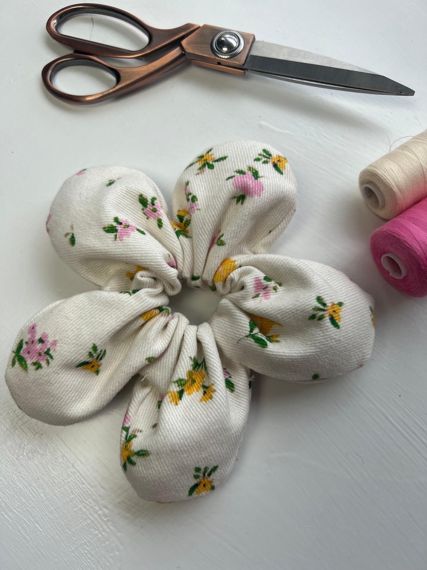 White Denim Floral Scrunchie