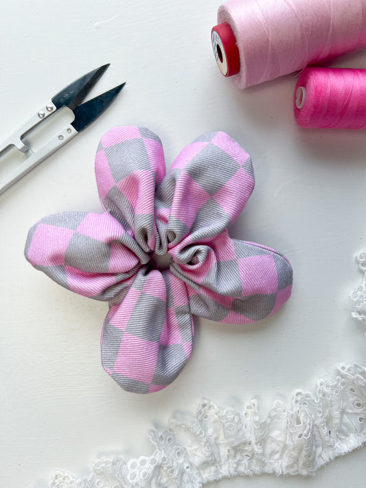 Pink and Grey Checkerboard Flower Scrunchie