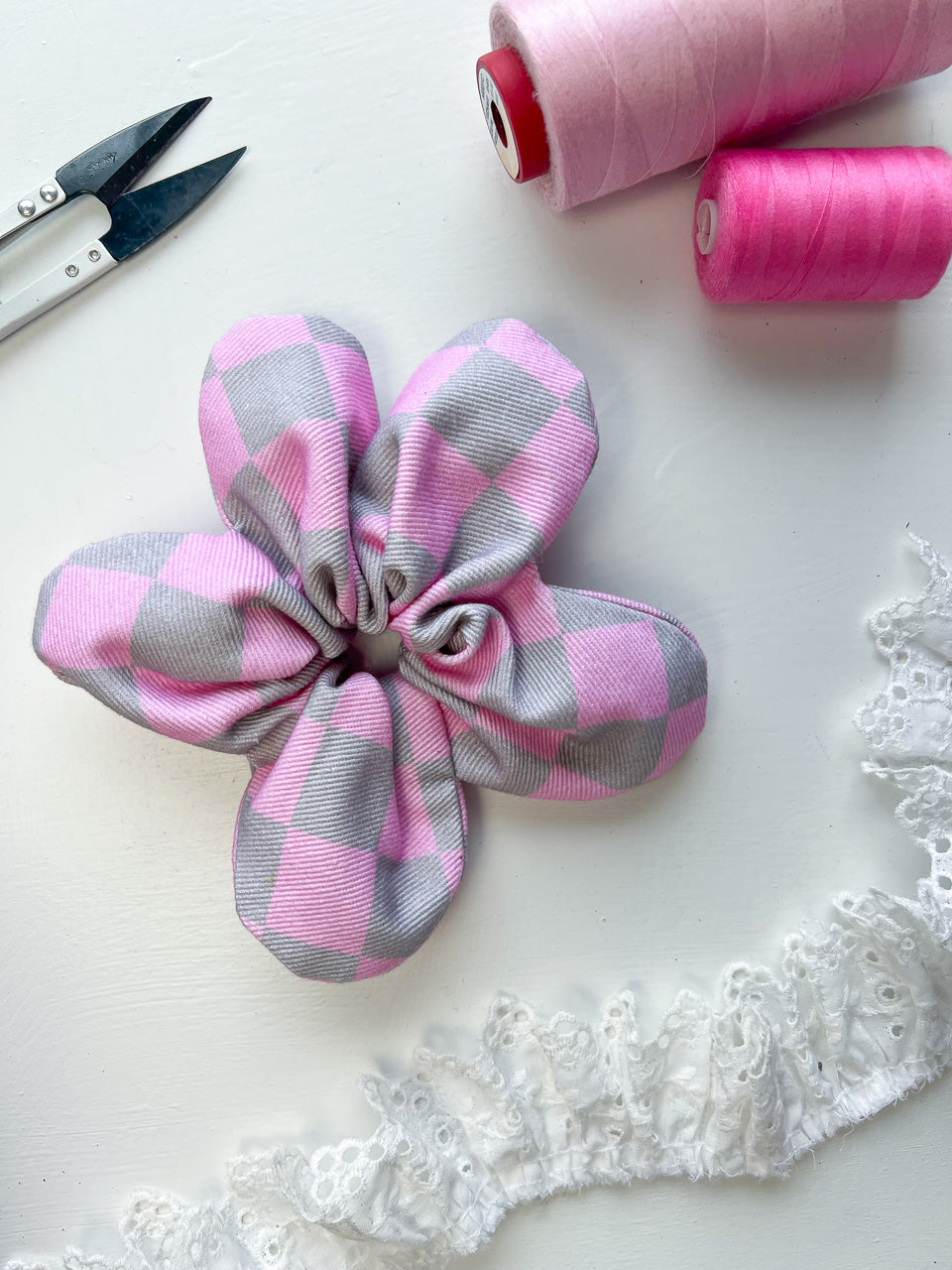 Pink and Grey Checkerboard Flower Scrunchie