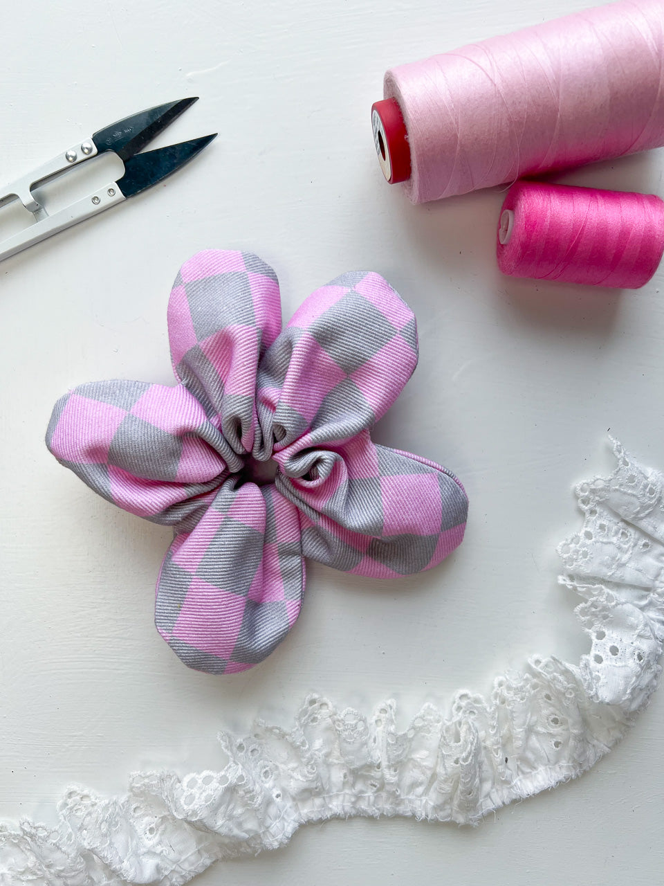 Pink and Grey Checkerboard Flower Scrunchie