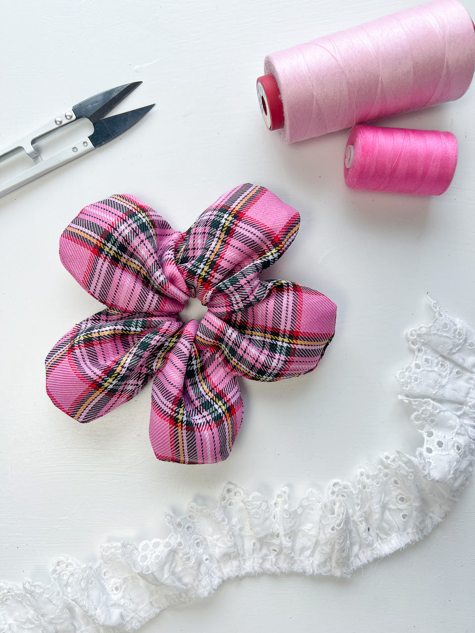 Pink Tartan Flower Scrunchie