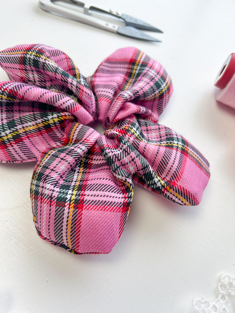 Pink Tartan Flower Scrunchie