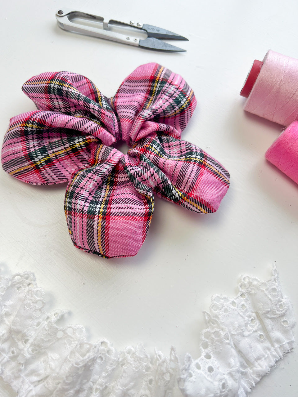 Pink Tartan Flower Scrunchie