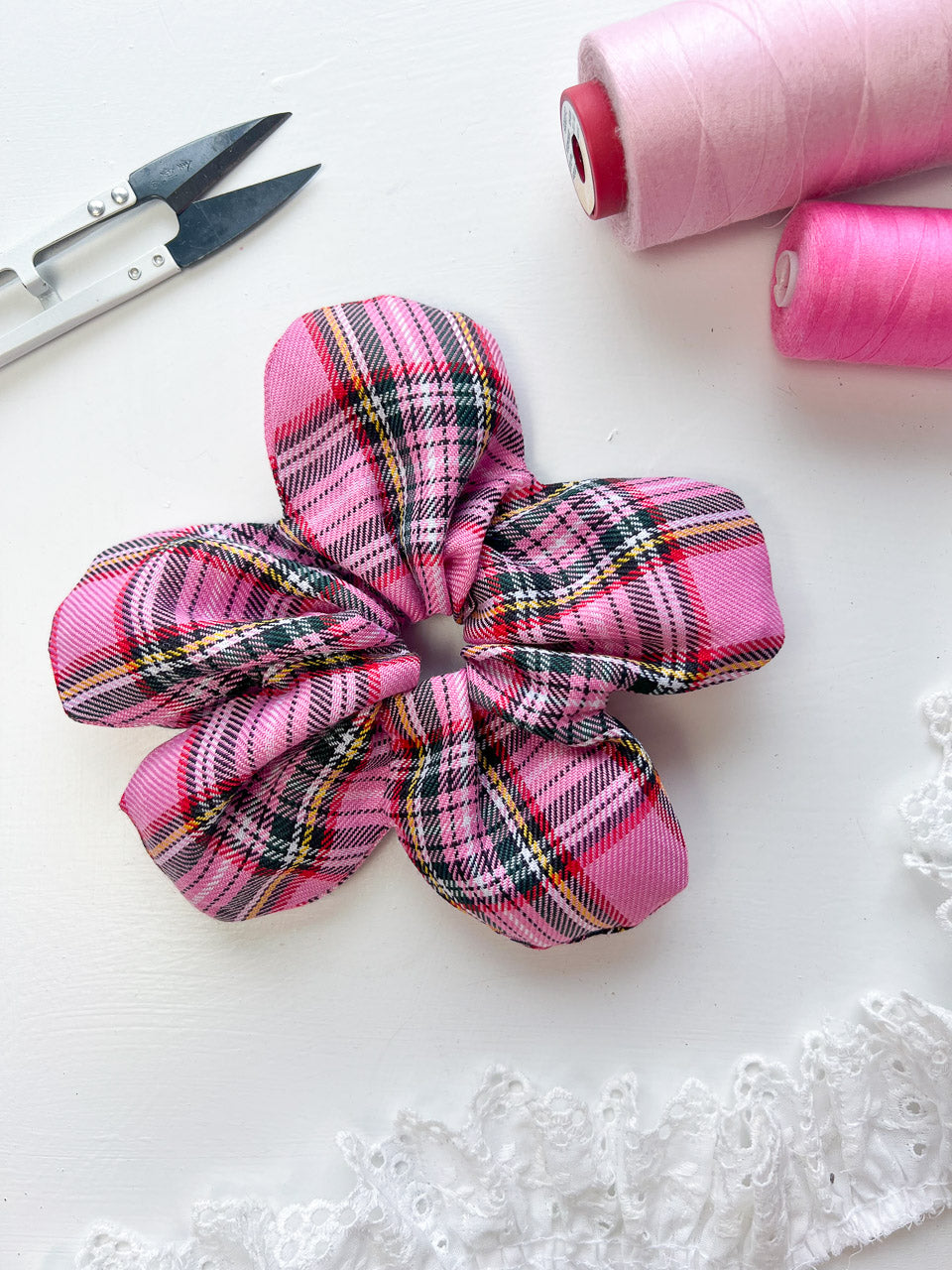 Pink Tartan Flower Scrunchie