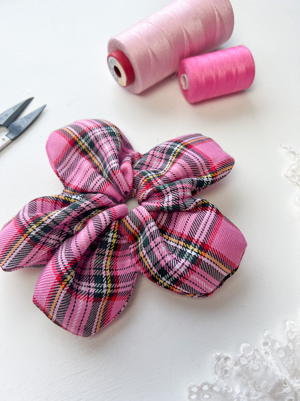 Pink Tartan Flower Scrunchie