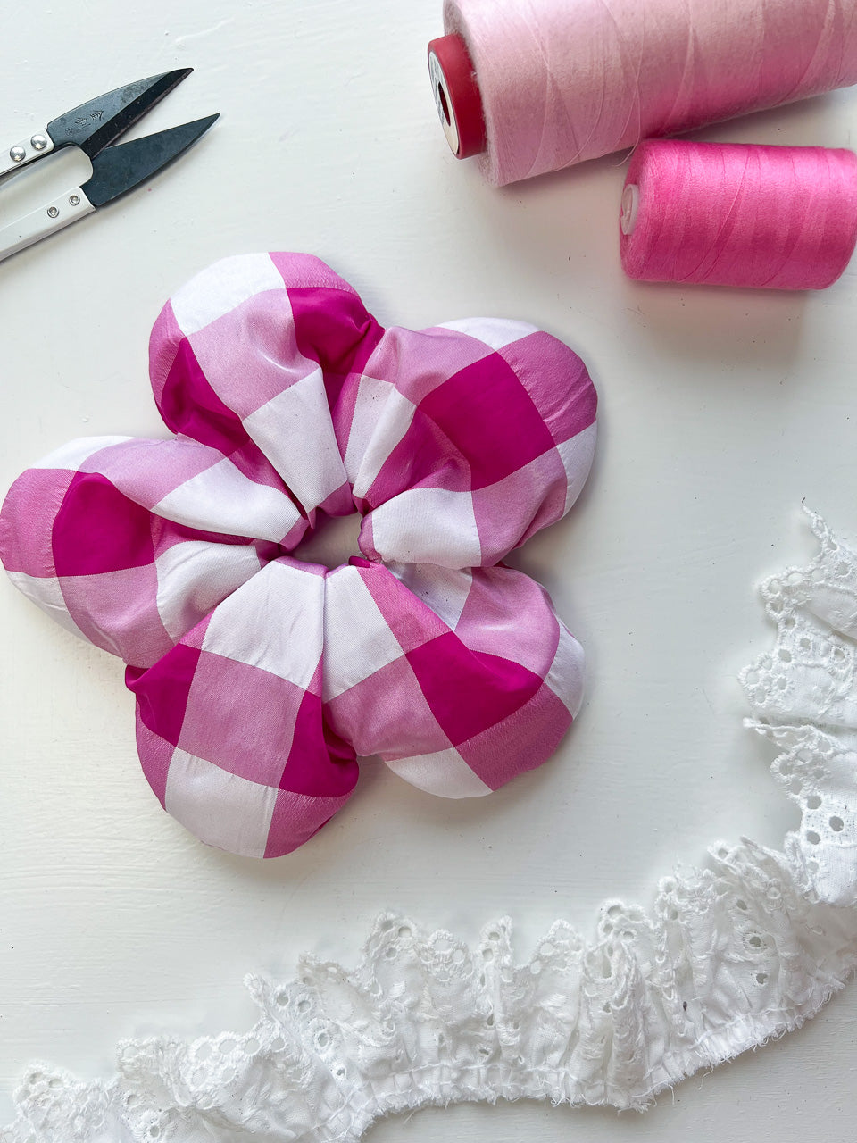 Pink Gingham Taffeta Oversize Flower Scrunchie