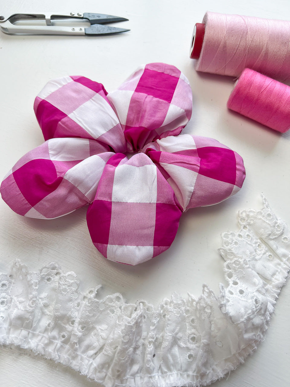 Pink Gingham Taffeta Oversize Flower Scrunchie