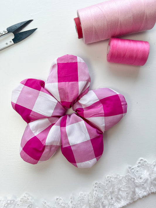 Pink Gingham Taffeta Oversize Flower Scrunchie