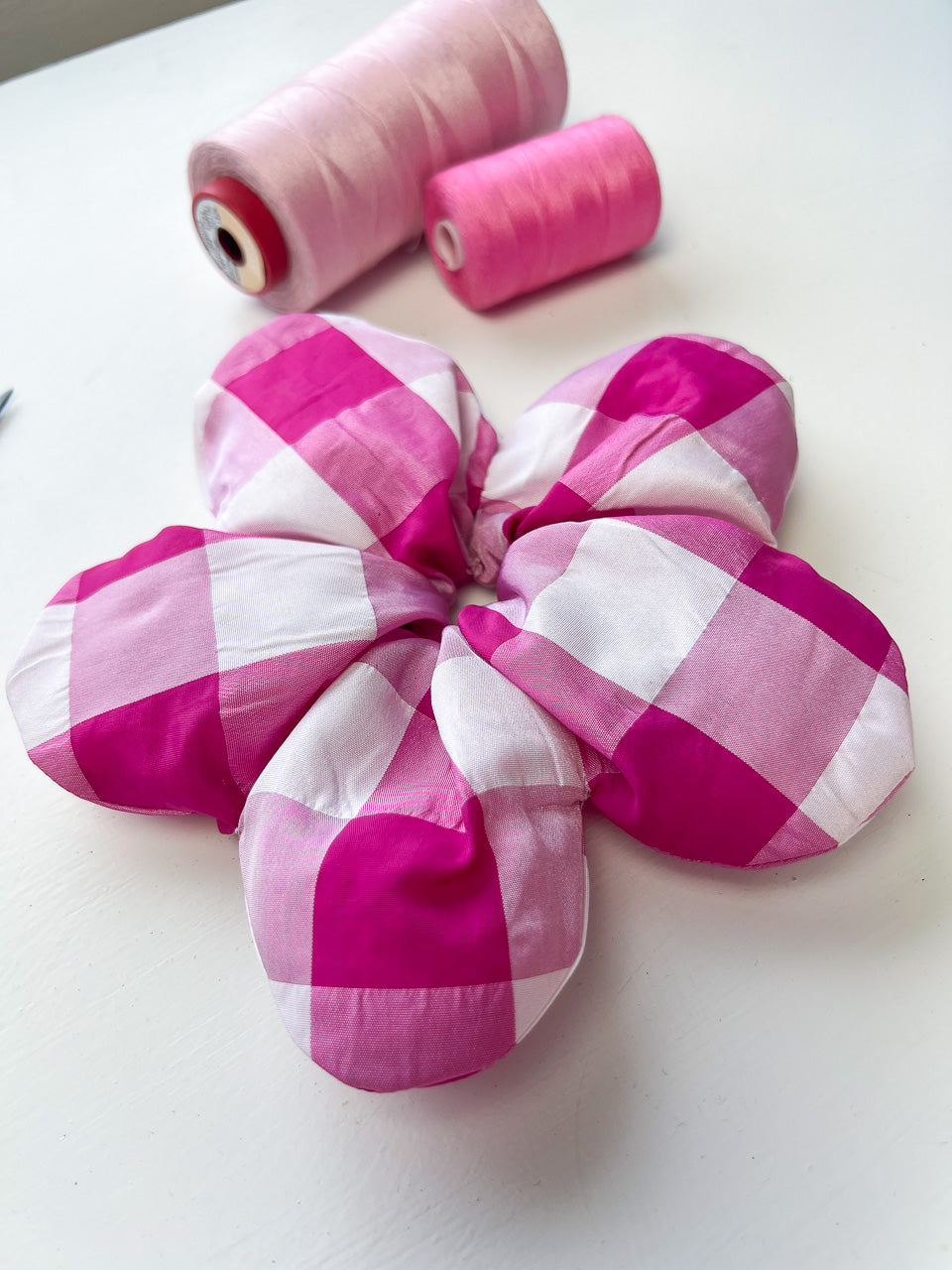 Pink Gingham Taffeta Oversize Flower Scrunchie