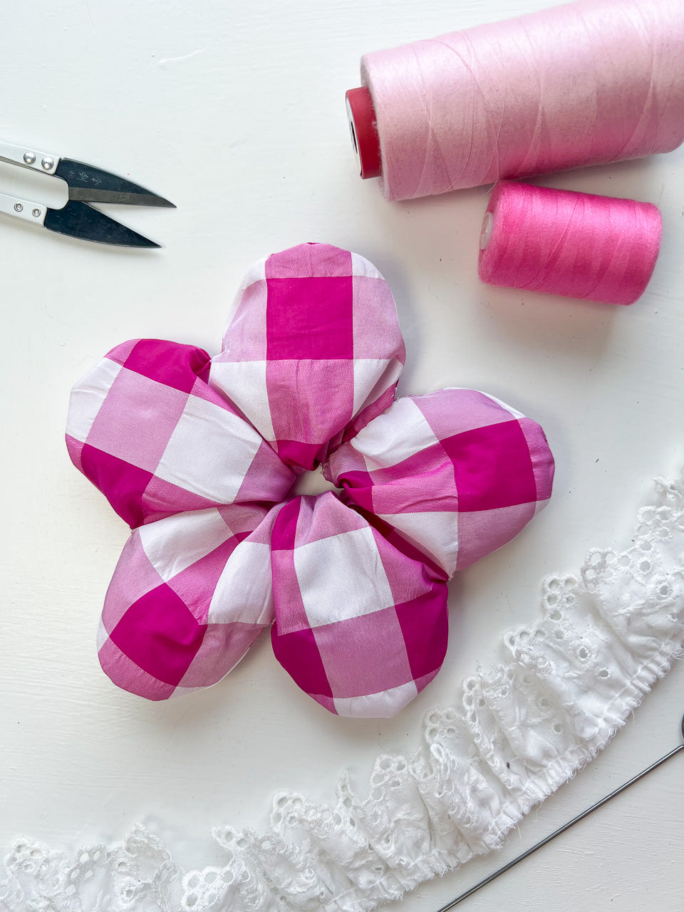 Pink Gingham Taffeta Oversize Flower Scrunchie