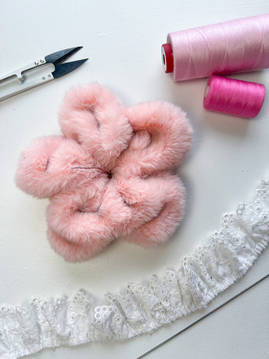 Pink Faux Fur Oversize Flower Scrunchie