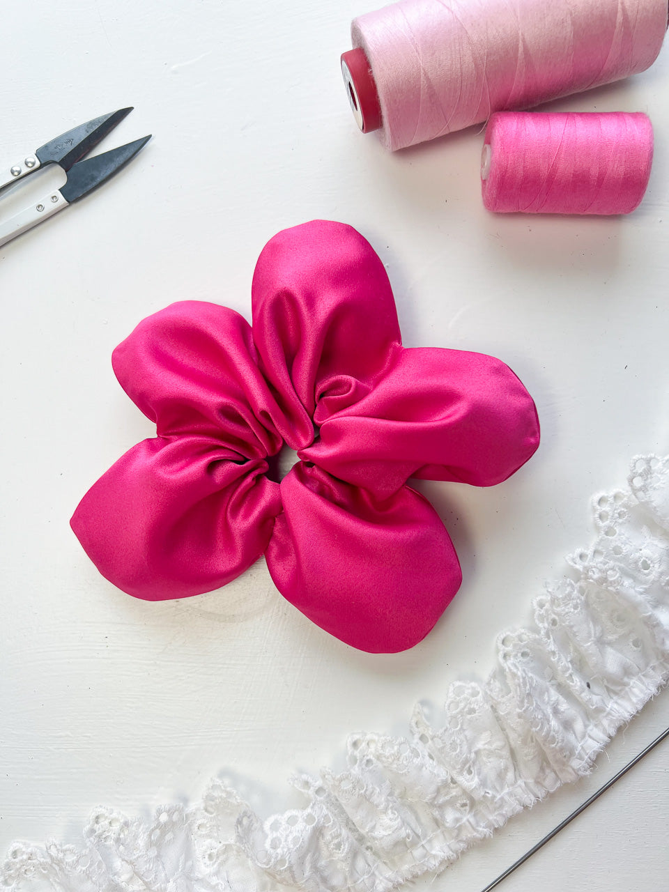 Fuchsia Satin Oversize Flower Scrunchie