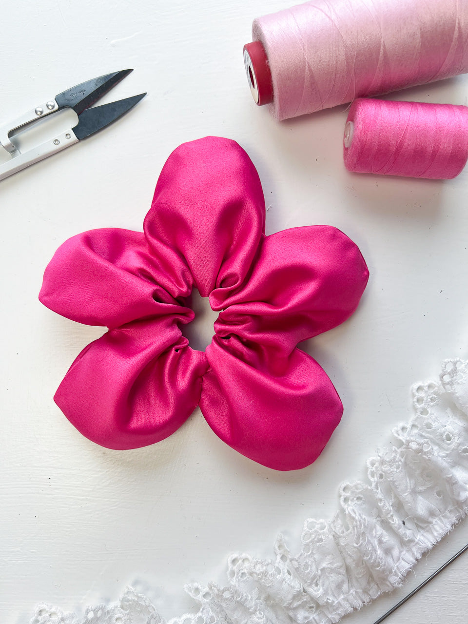 Fuchsia Satin Oversize Flower Scrunchie