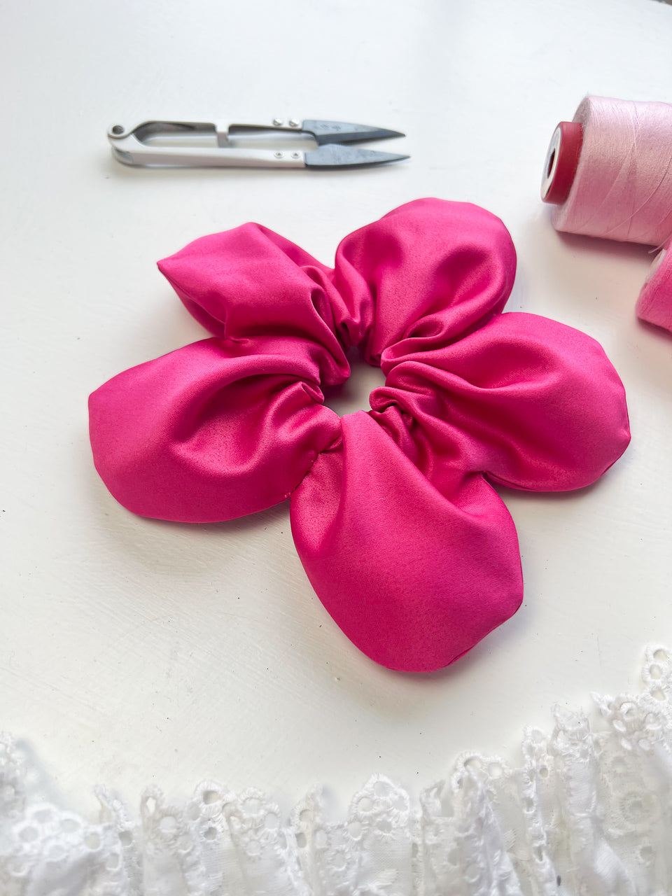 Fuchsia Satin Oversize Flower Scrunchie