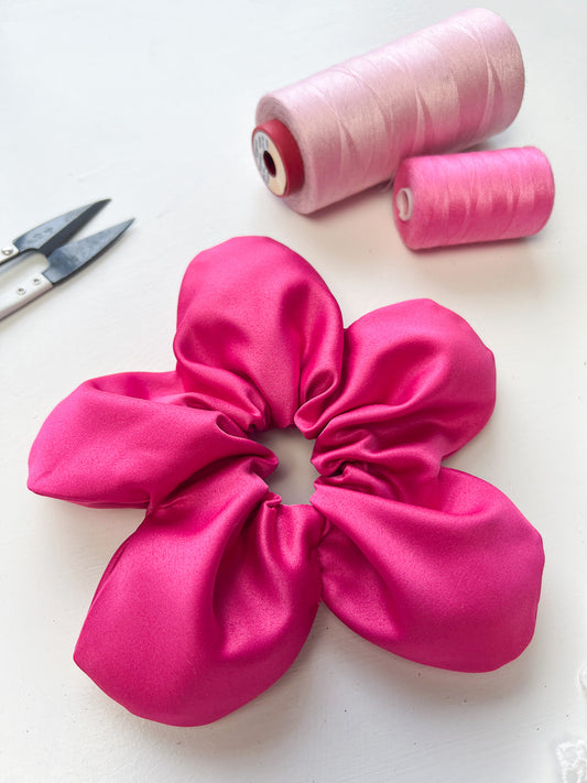 Fuchsia Satin Oversize Flower Scrunchie