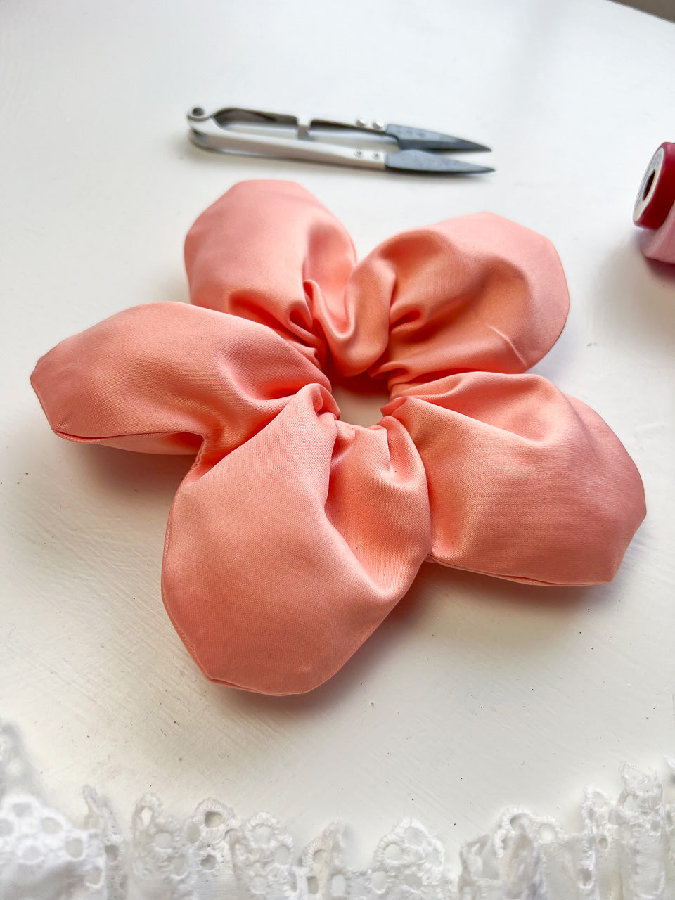 Peach Satin Oversize Flower Scrunchie