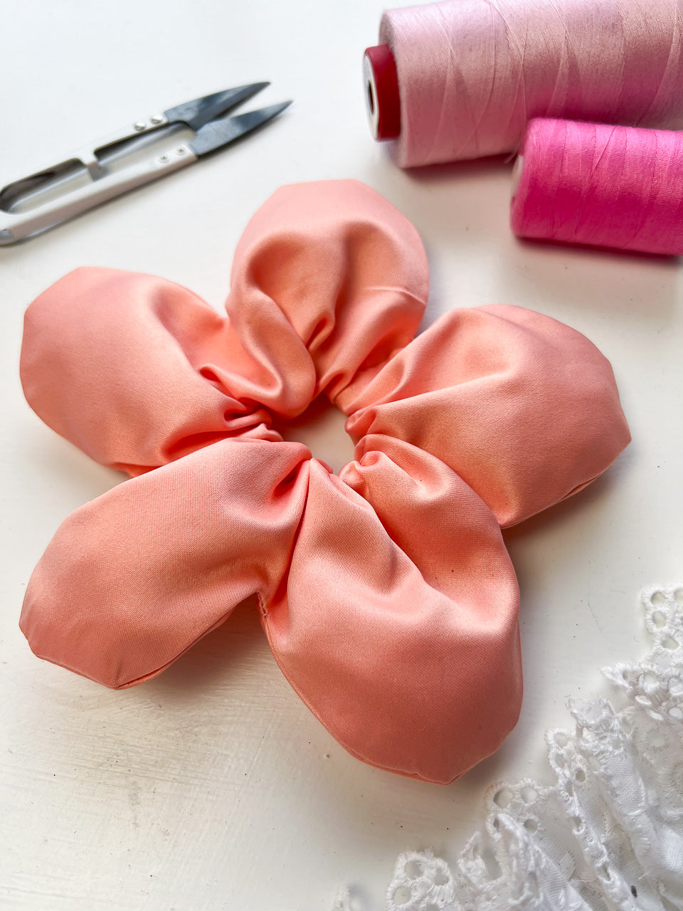 Peach Satin Oversize Flower Scrunchie