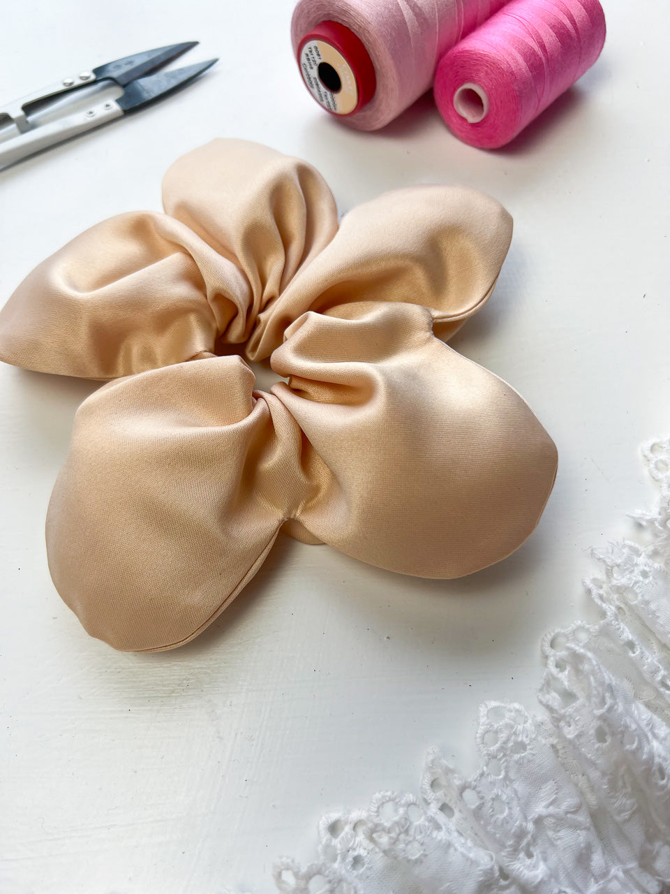 Cream Satin Oversize Flower Scrunchie