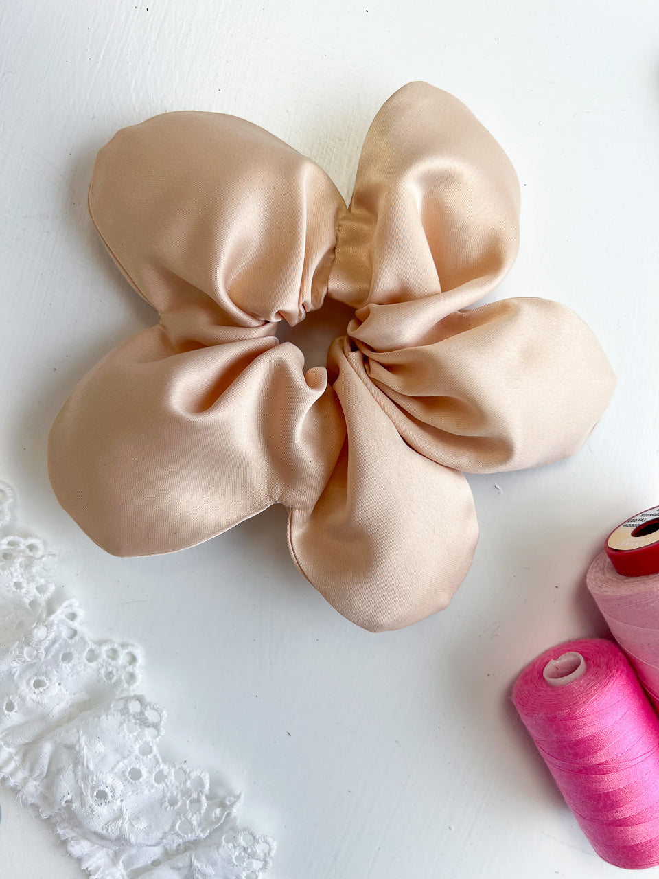 Cream Satin Oversize Flower Scrunchie