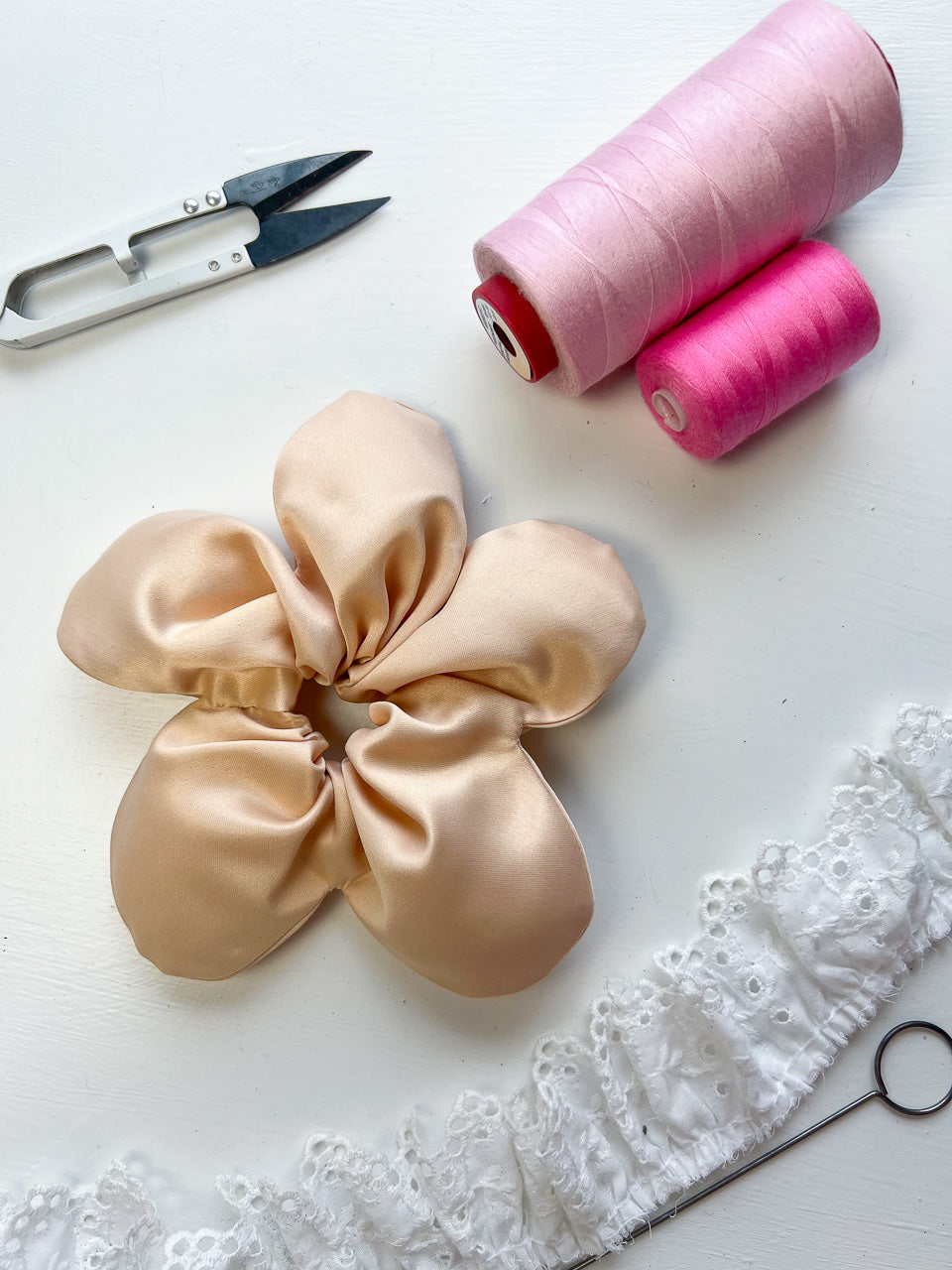 Cream Satin Oversize Flower Scrunchie