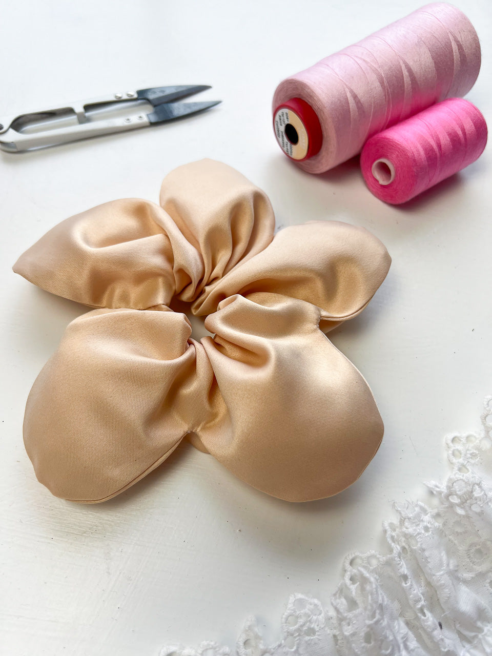 Cream Satin Oversize Flower Scrunchie