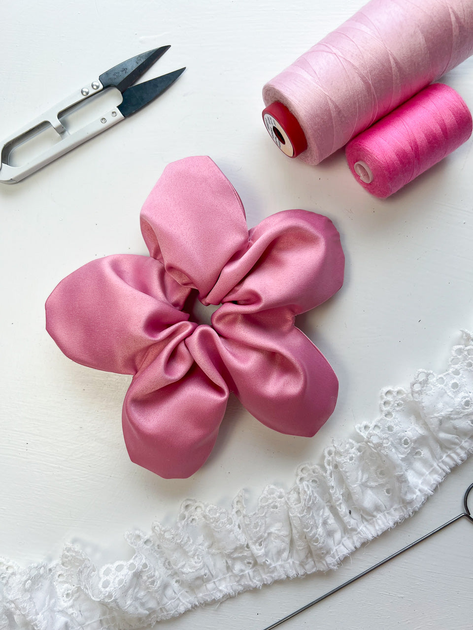 Pink Satin Oversize Flower Scrunchie