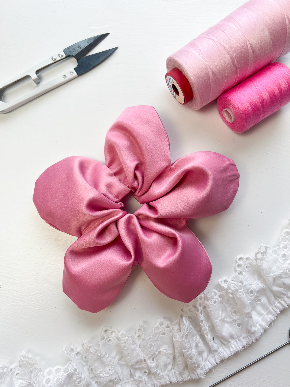 Pink Satin Oversize Flower Scrunchie